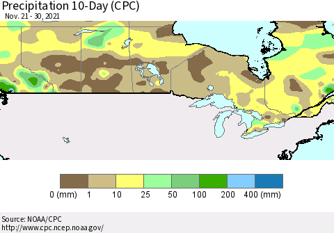 Canada Precipitation 10-Day (CPC) Thematic Map For 11/21/2021 - 11/30/2021