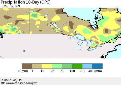 Canada Precipitation 10-Day (CPC) Thematic Map For 12/1/2021 - 12/10/2021