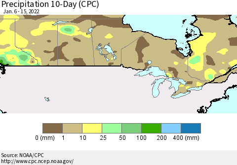 Canada Precipitation 10-Day (CPC) Thematic Map For 1/6/2022 - 1/15/2022