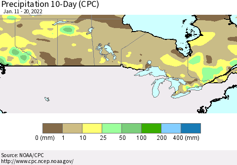 Canada Precipitation 10-Day (CPC) Thematic Map For 1/11/2022 - 1/20/2022