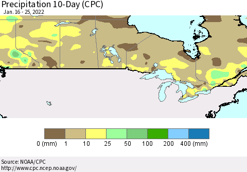 Canada Precipitation 10-Day (CPC) Thematic Map For 1/16/2022 - 1/25/2022