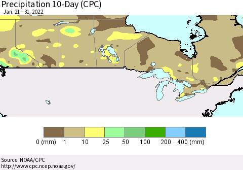 Canada Precipitation 10-Day (CPC) Thematic Map For 1/21/2022 - 1/31/2022