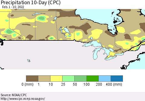 Canada Precipitation 10-Day (CPC) Thematic Map For 2/1/2022 - 2/10/2022