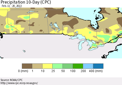 Canada Precipitation 10-Day (CPC) Thematic Map For 2/11/2022 - 2/20/2022
