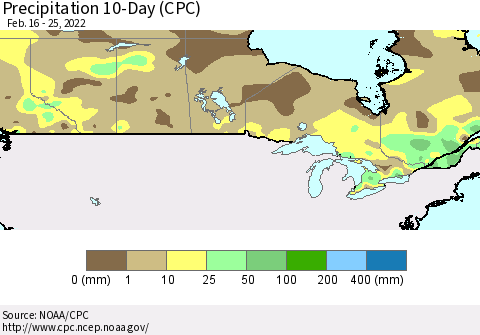 Canada Precipitation 10-Day (CPC) Thematic Map For 2/16/2022 - 2/25/2022
