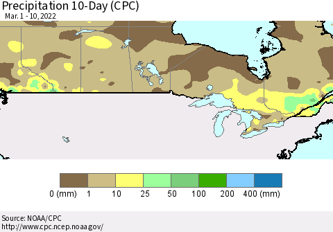 Canada Precipitation 10-Day (CPC) Thematic Map For 3/1/2022 - 3/10/2022