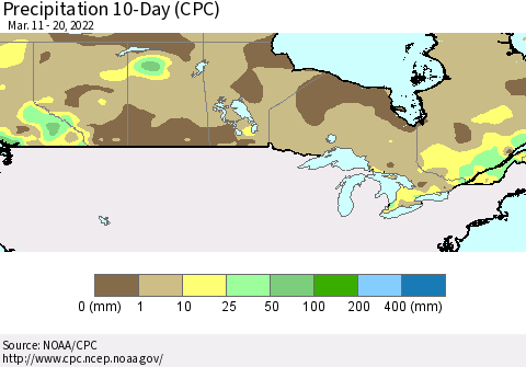 Canada Precipitation 10-Day (CPC) Thematic Map For 3/11/2022 - 3/20/2022