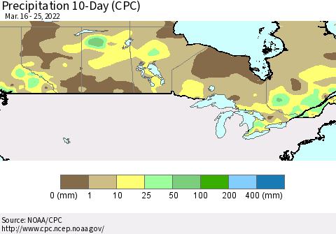 Canada Precipitation 10-Day (CPC) Thematic Map For 3/16/2022 - 3/25/2022