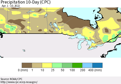 Canada Precipitation 10-Day (CPC) Thematic Map For 4/1/2022 - 4/10/2022