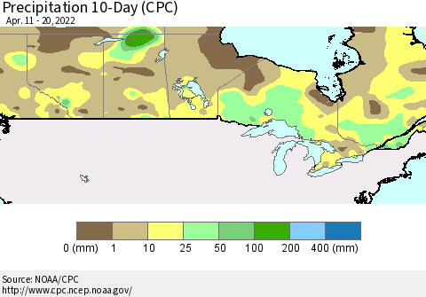 Canada Precipitation 10-Day (CPC) Thematic Map For 4/11/2022 - 4/20/2022