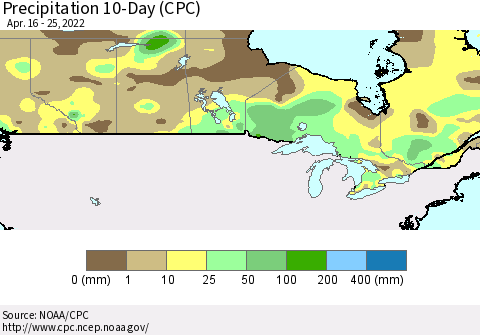 Canada Precipitation 10-Day (CPC) Thematic Map For 4/16/2022 - 4/25/2022