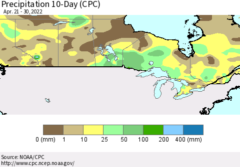 Canada Precipitation 10-Day (CPC) Thematic Map For 4/21/2022 - 4/30/2022