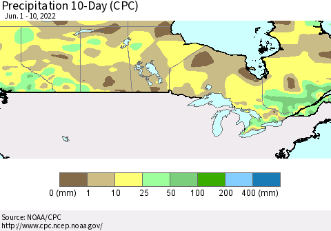 Canada Precipitation 10-Day (CPC) Thematic Map For 6/1/2022 - 6/10/2022