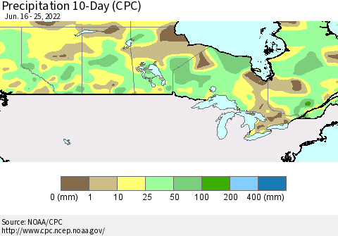 Canada Precipitation 10-Day (CPC) Thematic Map For 6/16/2022 - 6/25/2022