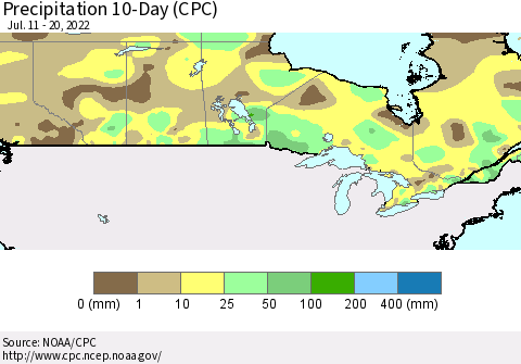 Canada Precipitation 10-Day (CPC) Thematic Map For 7/11/2022 - 7/20/2022