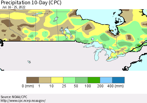Canada Precipitation 10-Day (CPC) Thematic Map For 7/16/2022 - 7/25/2022