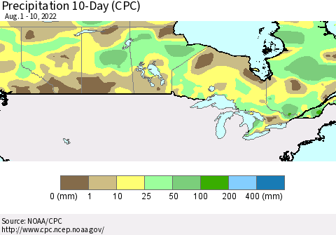 Canada Precipitation 10-Day (CPC) Thematic Map For 8/1/2022 - 8/10/2022