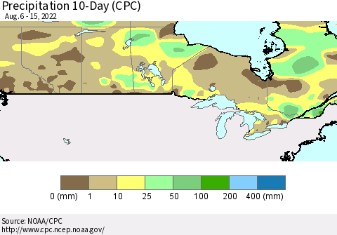 Canada Precipitation 10-Day (CPC) Thematic Map For 8/6/2022 - 8/15/2022