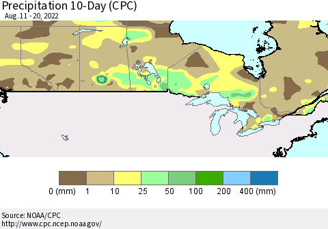 Canada Precipitation 10-Day (CPC) Thematic Map For 8/11/2022 - 8/20/2022