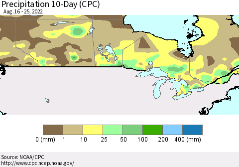 Canada Precipitation 10-Day (CPC) Thematic Map For 8/16/2022 - 8/25/2022