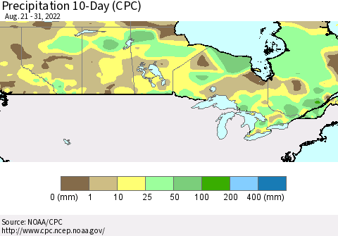 Canada Precipitation 10-Day (CPC) Thematic Map For 8/21/2022 - 8/31/2022