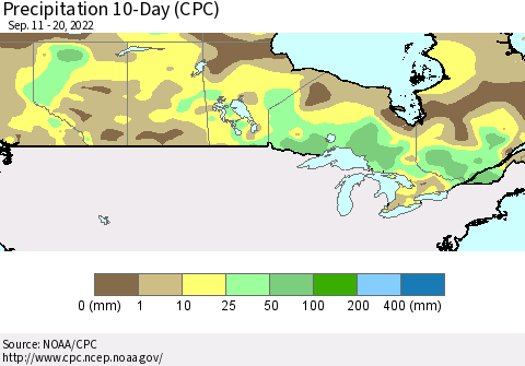 Canada Precipitation 10-Day (CPC) Thematic Map For 9/11/2022 - 9/20/2022