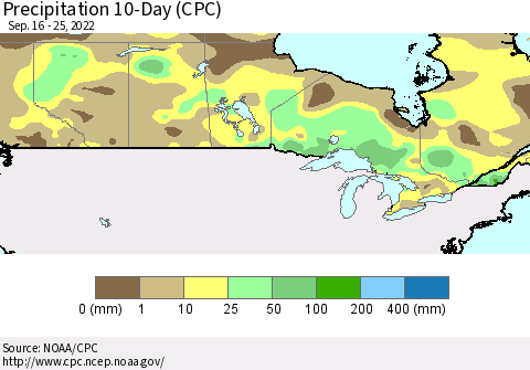 Canada Precipitation 10-Day (CPC) Thematic Map For 9/16/2022 - 9/25/2022