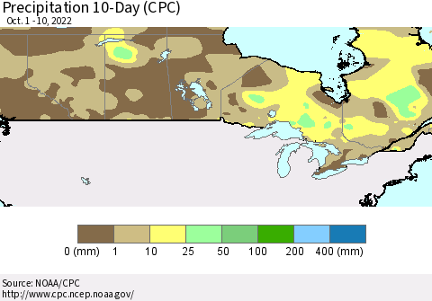 Canada Precipitation 10-Day (CPC) Thematic Map For 10/1/2022 - 10/10/2022