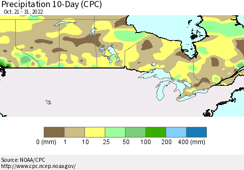 Canada Precipitation 10-Day (CPC) Thematic Map For 10/21/2022 - 10/31/2022
