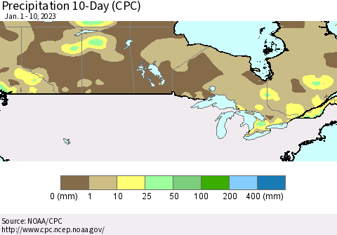 Canada Precipitation 10-Day (CPC) Thematic Map For 1/1/2023 - 1/10/2023
