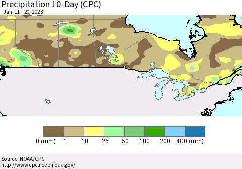 Canada Precipitation 10-Day (CPC) Thematic Map For 1/11/2023 - 1/20/2023