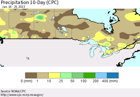 Canada Precipitation 10-Day (CPC) Thematic Map For 1/16/2023 - 1/25/2023