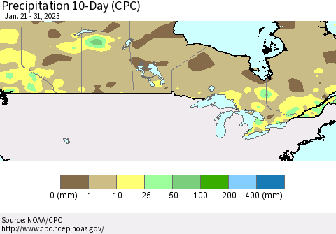 Canada Precipitation 10-Day (CPC) Thematic Map For 1/21/2023 - 1/31/2023