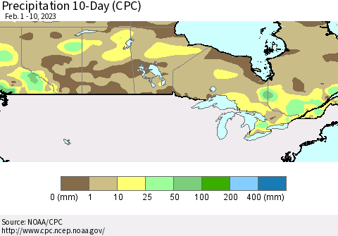 Canada Precipitation 10-Day (CPC) Thematic Map For 2/1/2023 - 2/10/2023