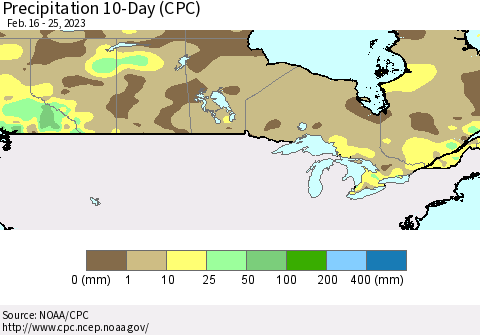 Canada Precipitation 10-Day (CPC) Thematic Map For 2/16/2023 - 2/25/2023