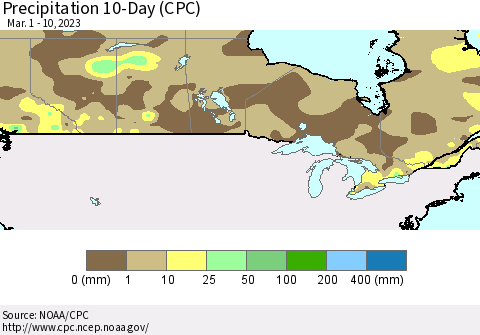 Canada Precipitation 10-Day (CPC) Thematic Map For 3/1/2023 - 3/10/2023