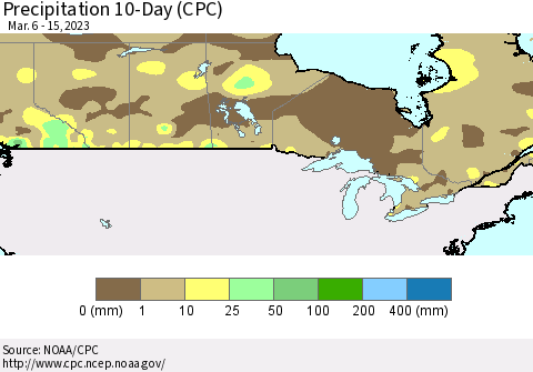 Canada Precipitation 10-Day (CPC) Thematic Map For 3/6/2023 - 3/15/2023
