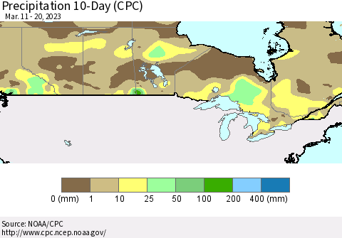 Canada Precipitation 10-Day (CPC) Thematic Map For 3/11/2023 - 3/20/2023