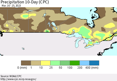 Canada Precipitation 10-Day (CPC) Thematic Map For 3/16/2023 - 3/25/2023