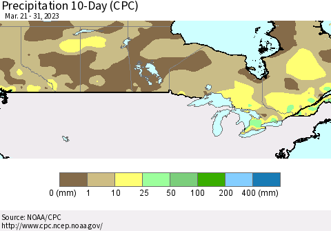 Canada Precipitation 10-Day (CPC) Thematic Map For 3/21/2023 - 3/31/2023