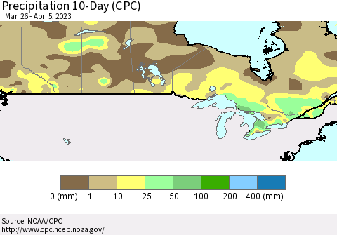 Canada Precipitation 10-Day (CPC) Thematic Map For 3/26/2023 - 4/5/2023
