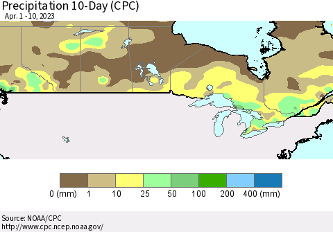 Canada Precipitation 10-Day (CPC) Thematic Map For 4/1/2023 - 4/10/2023