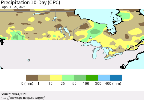 Canada Precipitation 10-Day (CPC) Thematic Map For 4/11/2023 - 4/20/2023