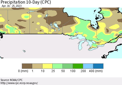 Canada Precipitation 10-Day (CPC) Thematic Map For 4/16/2023 - 4/25/2023