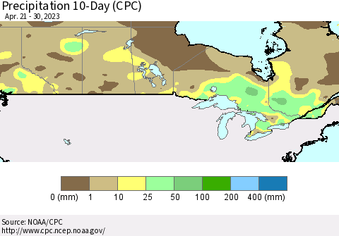 Canada Precipitation 10-Day (CPC) Thematic Map For 4/21/2023 - 4/30/2023