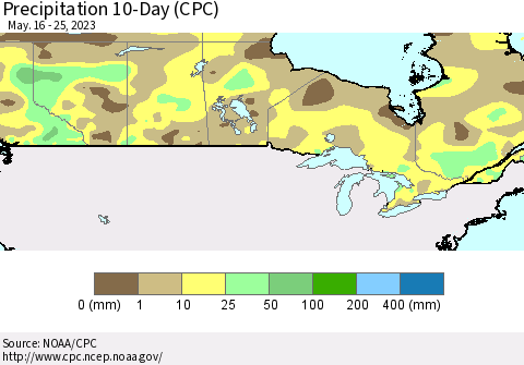 Canada Precipitation 10-Day (CPC) Thematic Map For 5/16/2023 - 5/25/2023