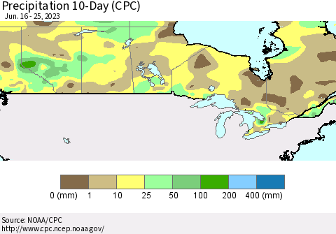 Canada Precipitation 10-Day (CPC) Thematic Map For 6/16/2023 - 6/25/2023