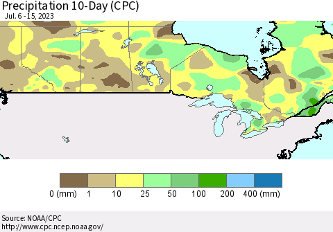 Canada Precipitation 10-Day (CPC) Thematic Map For 7/6/2023 - 7/15/2023