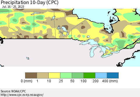 Canada Precipitation 10-Day (CPC) Thematic Map For 7/16/2023 - 7/25/2023