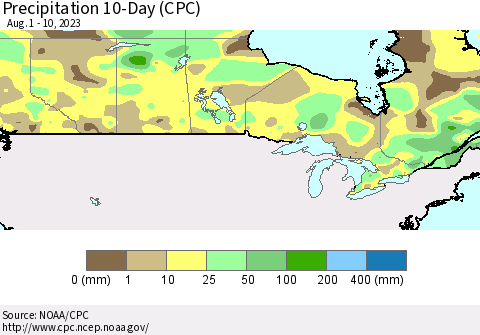 Canada Precipitation 10-Day (CPC) Thematic Map For 8/1/2023 - 8/10/2023